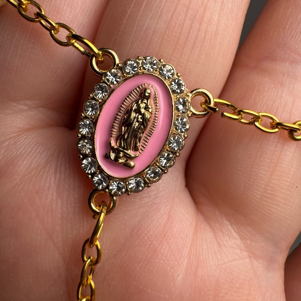 Pink & Gold Rosary Bag Charm/Keychain | Pearls, Crucifix & Lady Guadalupe Accent - Picture 7 of 12